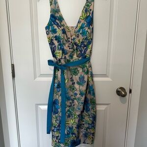 Eliza J Blue and Cream Sleeveless V-Neck Midi Dress